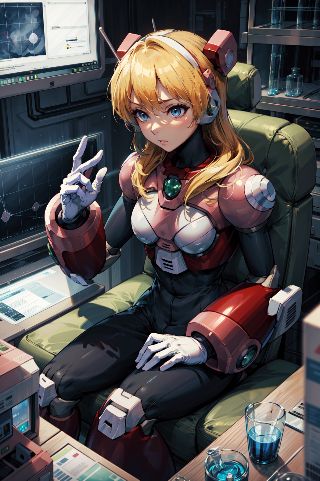 masterpiece,best quality,highres,1girl,alia_megamanx,blue eyes,blonde hair,android,long hair,robot ears,white gloves,sitti...